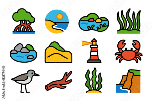 Coastal Ecosystem Icons. Flat vector icons of coastal ecosystems: mangrove, sandy beach, tidal pool, seagrass, rock pool, dune,