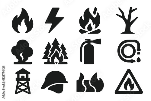 Wildfire Icons Collection. Solid style icons of Wildfires: fire flame, lightning strike, campfire, dry tree, smoke, forest, fire