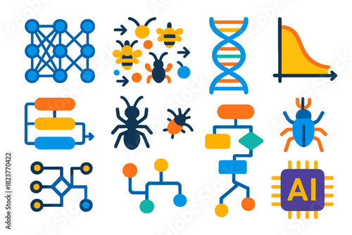 Bio-Inspired Computing Icons. Flat vector icons of bio-inspired computing: neural network, swarm algorithm, genetic algorithm, ant