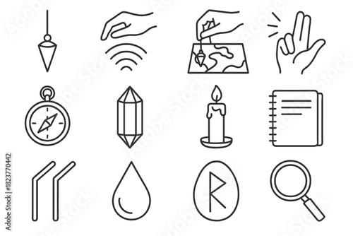 Occult Practice Icons. Line style icons of Occult Practices: Pendulum, Energy Measurement, Dowsing Map, Alternative Technique;