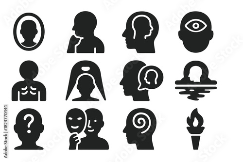 Icons of Self-Awareness. Solid style icons of self-awareness: mirror face, introspective figure, layered mind, third eye symbol,