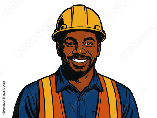 happy male construction worker wearing a yellow hard hat and safety vest, representing labor, safety, and reliability. Generative ai vector colorful pop art illustration.