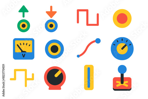 Flat Voltage Icons. Flat vector icons of Voltage Control: CV input, CV output, gate signal, trigger button, voltage meter, patch