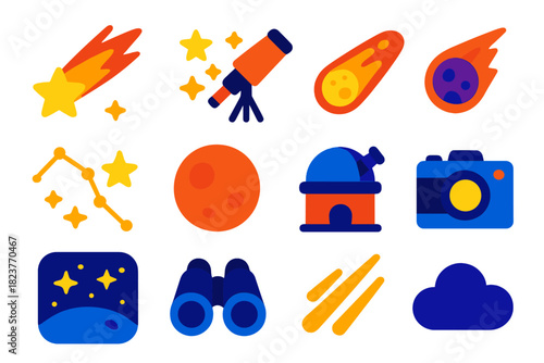 Geminids Icon Set. Flat vector icons of Geminids Meteor Shower: Shooting Star, Star Cluster, Telescope, Meteor, Constellation,