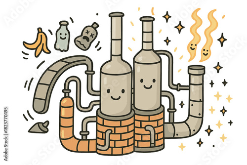 Playful Pyrolysis Doodle. Whimsical doodle futuristic pyrolysis plant with happy reactors, cartoon waste items bouncing, cheerful