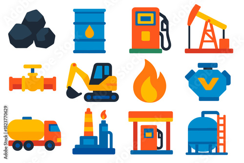 Fossil Fuel Icons. Flat vector icons of Fossil Fuels: Coal, Oil Barrel, Gas Pump, Drill, Pipeline, Excavator, Flame, Engine,