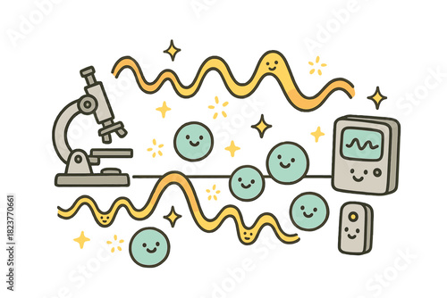 Smiling Nanoparticles Lab. Whimsical doodle plasmonics lab with smiling nanoparticles, cartoon light waves bouncing cheerfully,