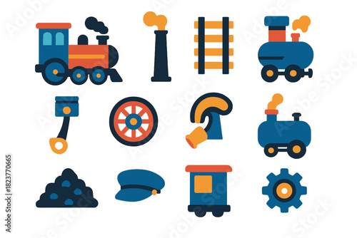 Steam Engine Icons. Flat vector icons of steam engines: steam train, smokestack, railway track, piston, wheel, boiler, coal pile,