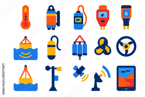 Oceanographic Data Icons. Flat vector icons of Oceanographic Data Collection: temperature probe, CTD sensor, pressure logger,