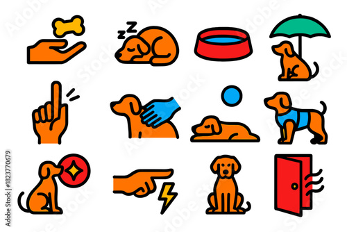 Stress Relief Icons. Flat vector icons of stress mitigation techniques: reward treat, rest icon, water bowl, shade icon, calming
