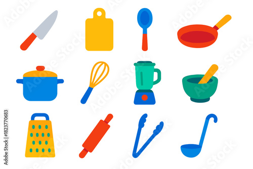 Flat Kitchen Tools. Flat vector icons of Food Preparation Tools: Knife, Cutting Board, Spoon, Pan, Pot, Whisk, Blender, Mortar