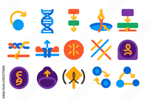 Cellular Pathway Icons. Flat vector icons of cellular mechanotransduction pathways: Rho GTPase, YAP/TAZ pathway, MAPK cascade,