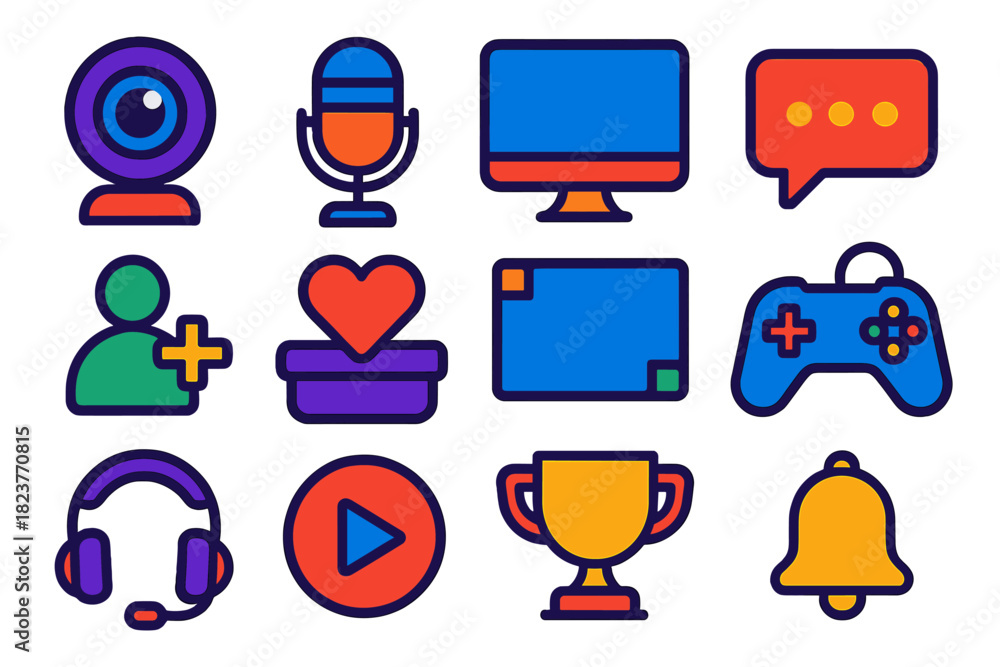 Fototapeta premium Game Streaming Icons. Flat vector icons of game streaming: webcam, microphone, monitor, chat bubble, subscriber icon, donation