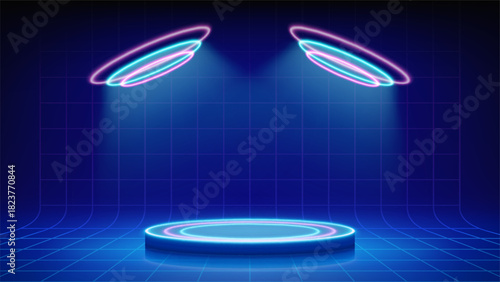 Futuristic blue stage, spotlights, podium. Mesh floor with round podium illuminated by circular magenta blue neon, led. Background for displaying products, presentation. Backdrop. Showcase. Vector