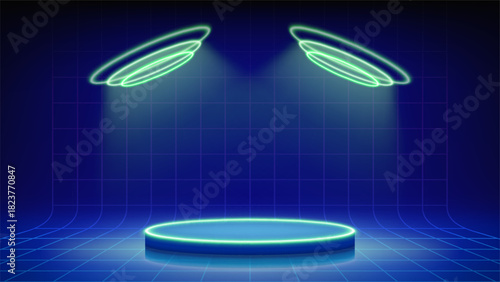 Futuristic blue stage, spotlights, podium. Mesh floor with round podium illuminated by circular green neon, led. Background for displaying products, presentation. Backdrop. Showcase. Vector
