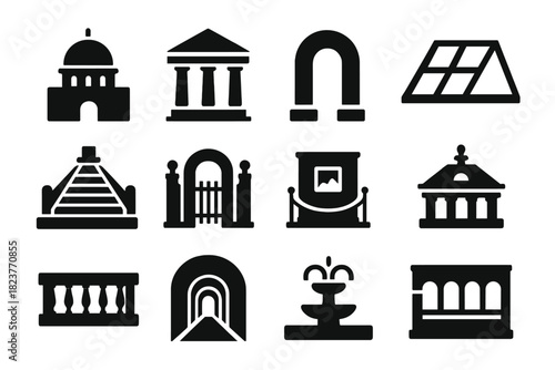 Museum Architecture Icons. Solid style icons of museum architecture: dome, columns, archway, skylight, staircase, entrance gate,