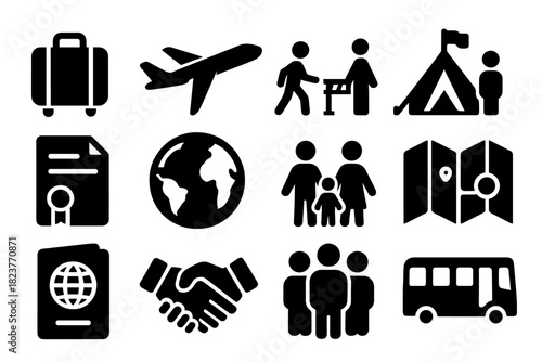 Human Migration Icons. Solid style icons of Human Migration Patterns: suitcase, airplane, border crossing, refugee camp, legal