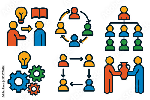 Cultural Evolution Icons. Isometric vector illustration set Cultural evolution: knowledge transmission, meme chains, social