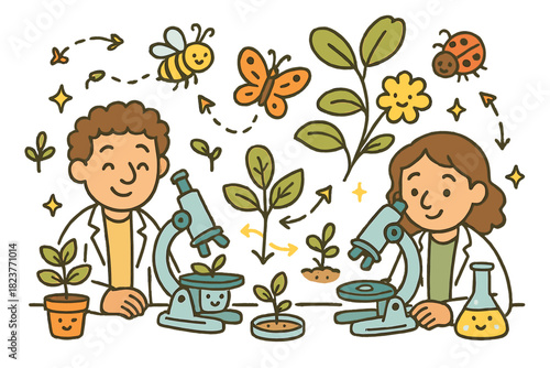 Cheerful Agroecology Lab. Adorable doodle agroecology research lab with smiling researchers, cartoon plants and insects floating,