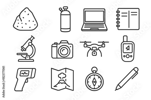 Volcanic Research Icons. Line style icons of Volcanic Research: Rock Sample, Gas Bottle, Laptop, Notebook; Microscope, Camera,