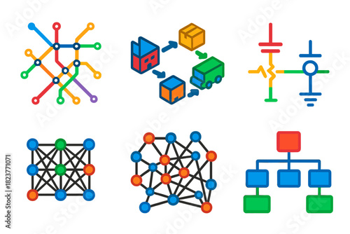 Colorful Graph Icons. Isometric vector illustration set Graph Applications: transport metro map, supply chain flow, electric