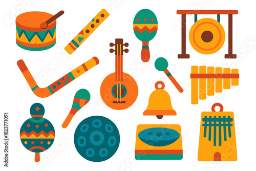 Indigenous Instrument Icons. Flat vector icons of Indigenous Instruments: Drum, Flute, Maraca, Xylophone, Didgeridoo, String