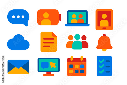 Bold Collaboration Icons. Flat vector icons of Online Collaboration: Chat Bubble, Video Call, Laptop, Tablet, Cloud Icon, Document