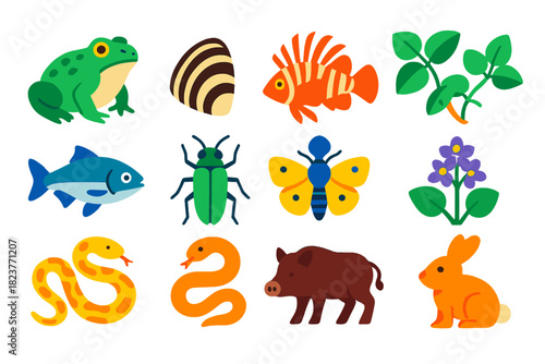 Invasive Species Icons. Flat vector icons of invasive species: cane toad, zebra mussel, lionfish, kudzu vine, Asian carp, emerald