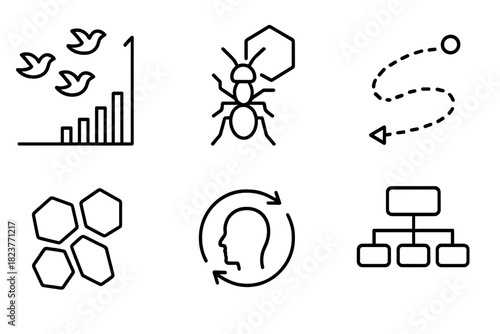 Bio-Inspired Algorithm Icons. Line style icons of Bio-Inspired Algorithms: flocking behavior chart, stigmergy symbol, foraging