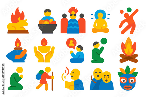 Mythical Ritual Icons. Flat vector icons of Mythological Rituals: Sacrifice, Feast, Ceremony, Meditation, Offering, Dance,