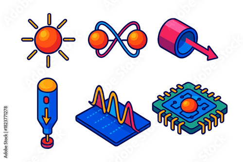 Quantum Optics Icons. Isometric vector illustration set Quantum Optics: photon particle icon, entangled photons, optical cavity,