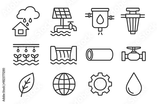 Sustainable Water Icons. Line style icons of Sustainable Water Practices: Rainwater Harvesting, Solar Pump, Greywater Tank, Filter
