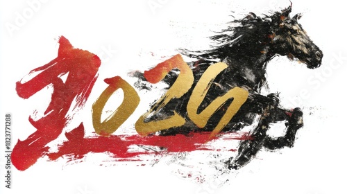 Dynamic Black Horse Illustration Representing Year 2026 Celebration