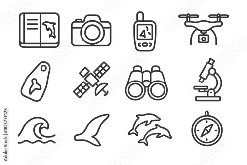 Marine Research Icons. Line style icons of Marine Mammal Research: Notebook, Camera, GPS, Drone; Tag, Satellite, Binoculars,