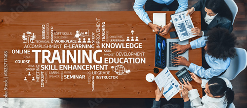 Fotografie Aerial view of a collaborative training session focused on skill enhancement and knowledge development in an e-learning environment with professionals engaged in work
