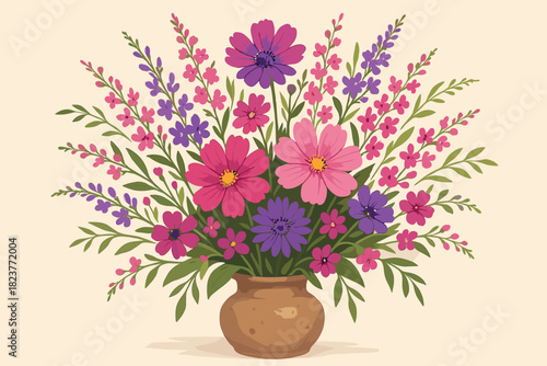 Wildflower Bouquet Bliss. Vibrant bouquet of wildflowers in rich pinks vector illustration and purples resting in a rustic vase,