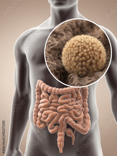 Human Digestive System With a Detailed View of Gut Microbiome Structure in a Scientific Illustration