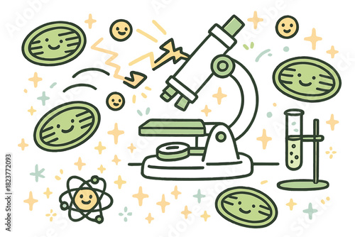 Whimsical Quantum Lab. Whimsical doodle quantum biology lab with smiling chloroplasts, cartoon light beams bouncing, cheerful