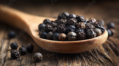 Fototapeta Naklejka Na Ścianę i Meble -  Texture-rich spice on a wooden spoon with soft background and shallow depth of field