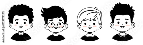 Set of cute monochrome boy avatars. Perfect for apps, profiles, social media, education projects, branding and any design needing friendly, modern character icons.