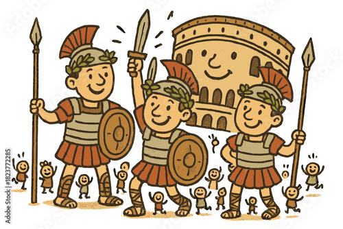 Whimsical Roman Reenactment. Whimsical doodle Roman reenactment with happy centurions, laurel crowns smiling, amphitheater with a
