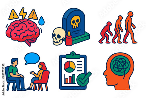 Thanatophobia Symbols. Isometric vector illustration set Thanatophobia: brain with stress and fear markers, cultural symbols of