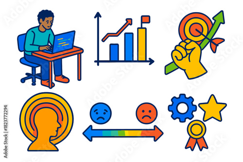 Optimal Challenge Icons. Isometric vector illustration set Psychology of optimal challenge: coder in flow, skill-to-task ratio