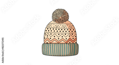 A cozy, hand-drawn illustration of a winter beanie with a pom-pom and patterned design, perfect for seasonal themes and cold-weather concepts.