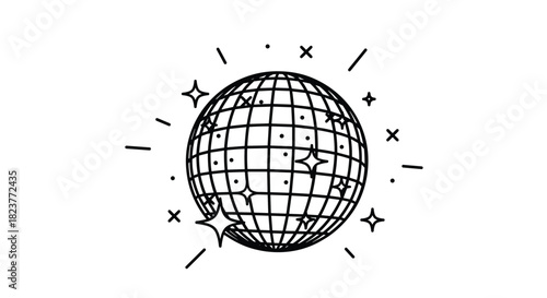 A whimsical black and white line art illustration of a sparkling disco ball surrounded by festive star and light bursts, evoking a retro party atmosphere.