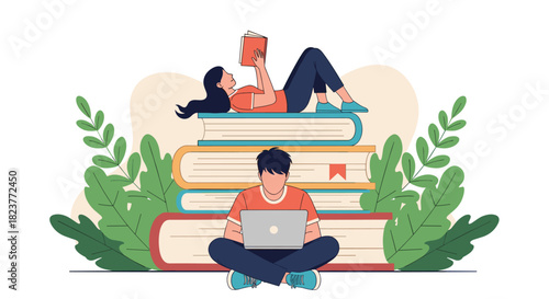 Students engaged in learning, with one reading a book atop a stack of books while another uses a laptop, surrounded by greenery.