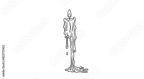 A detailed line drawing depicts a melting candle with dripping wax, evoking a sense of time passing and fragile beauty, isolated on a white background.
