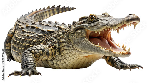Large alligator with powerful open jaws and sharp teeth