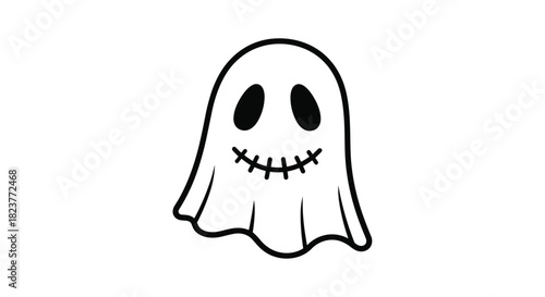 A charming cartoon ghost illustration with simple black outlines, featuring large oval eyes and a stitched smile, perfect for halloween designs and spooky themes.