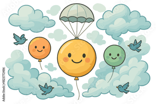 Balloon Breeze Soar. Weather balloon adventure with smiling balloons, birds escorting them, and clouds opening paths No text, No